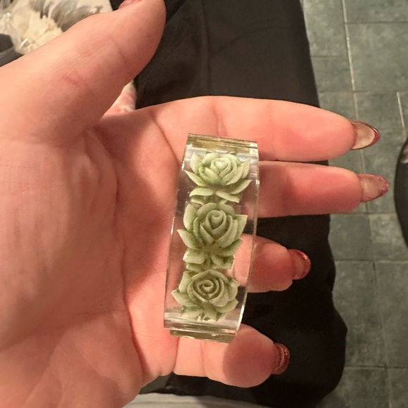 Lucite Watch Vintage Square Silver Watch with Green Floral Band - Picture 5 of 6